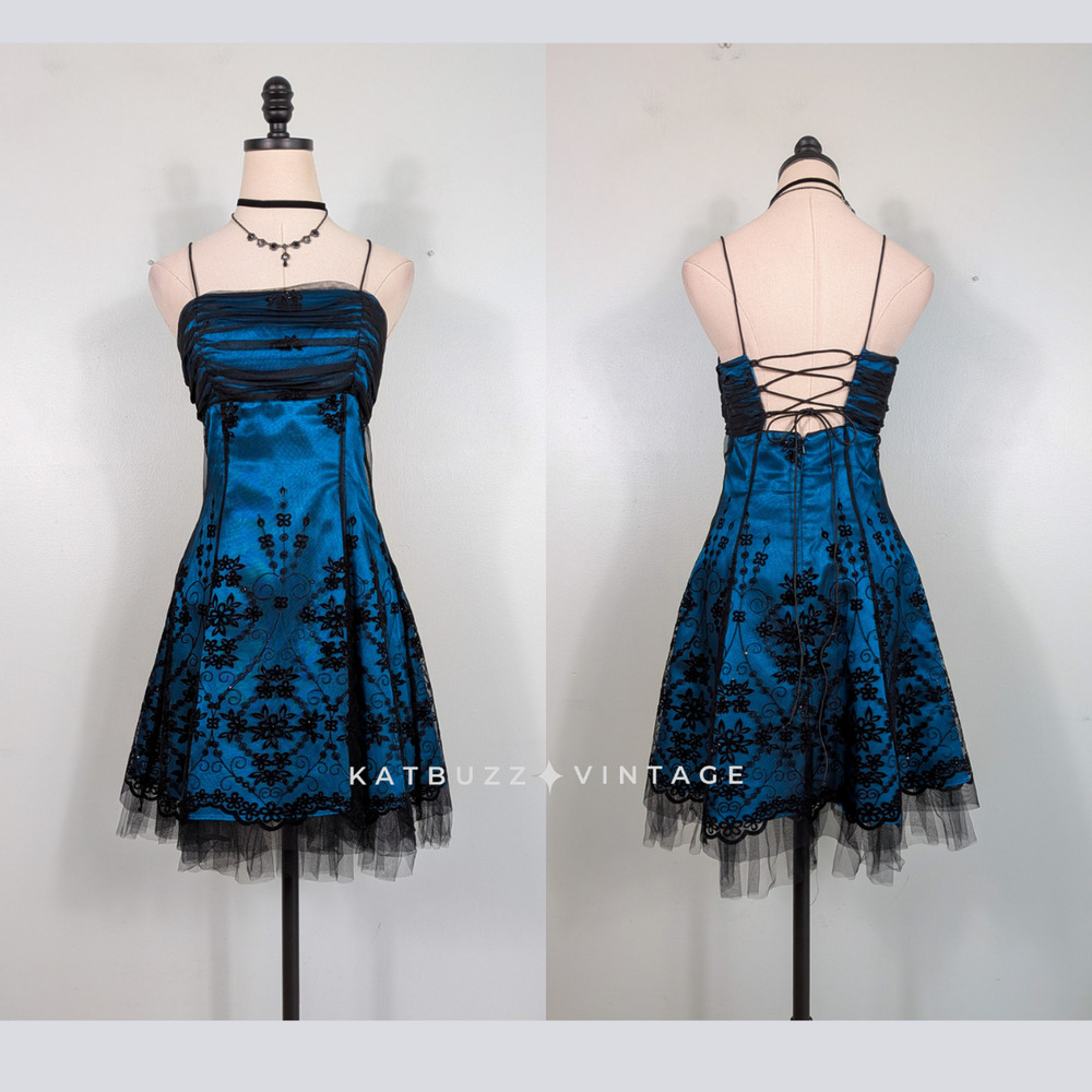 Vintage Nites Prom Dress Mini Gown 6 Blue Black Corset Y2K Hoco Goth Lace 90s